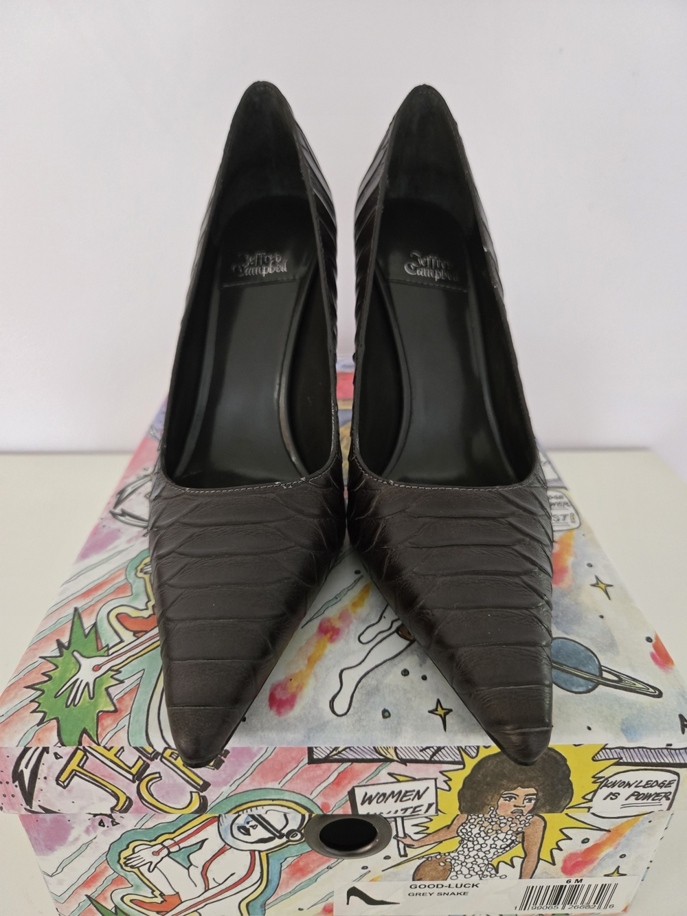 Jeffrey Campbell GOOD LUCK Grey Snake Pointed Toe Pumps